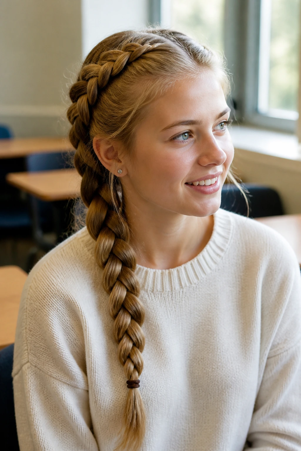 Medium close-up of a student with a side-swept Dutch braid over the shoulder in a classroom
