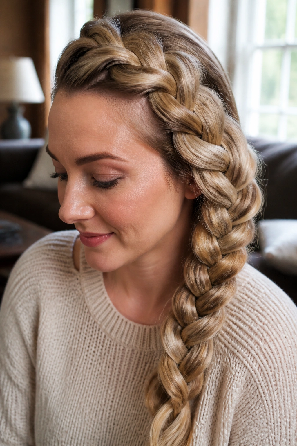 Close-up of a real woman with a side-swept Dutch braid along the hairline