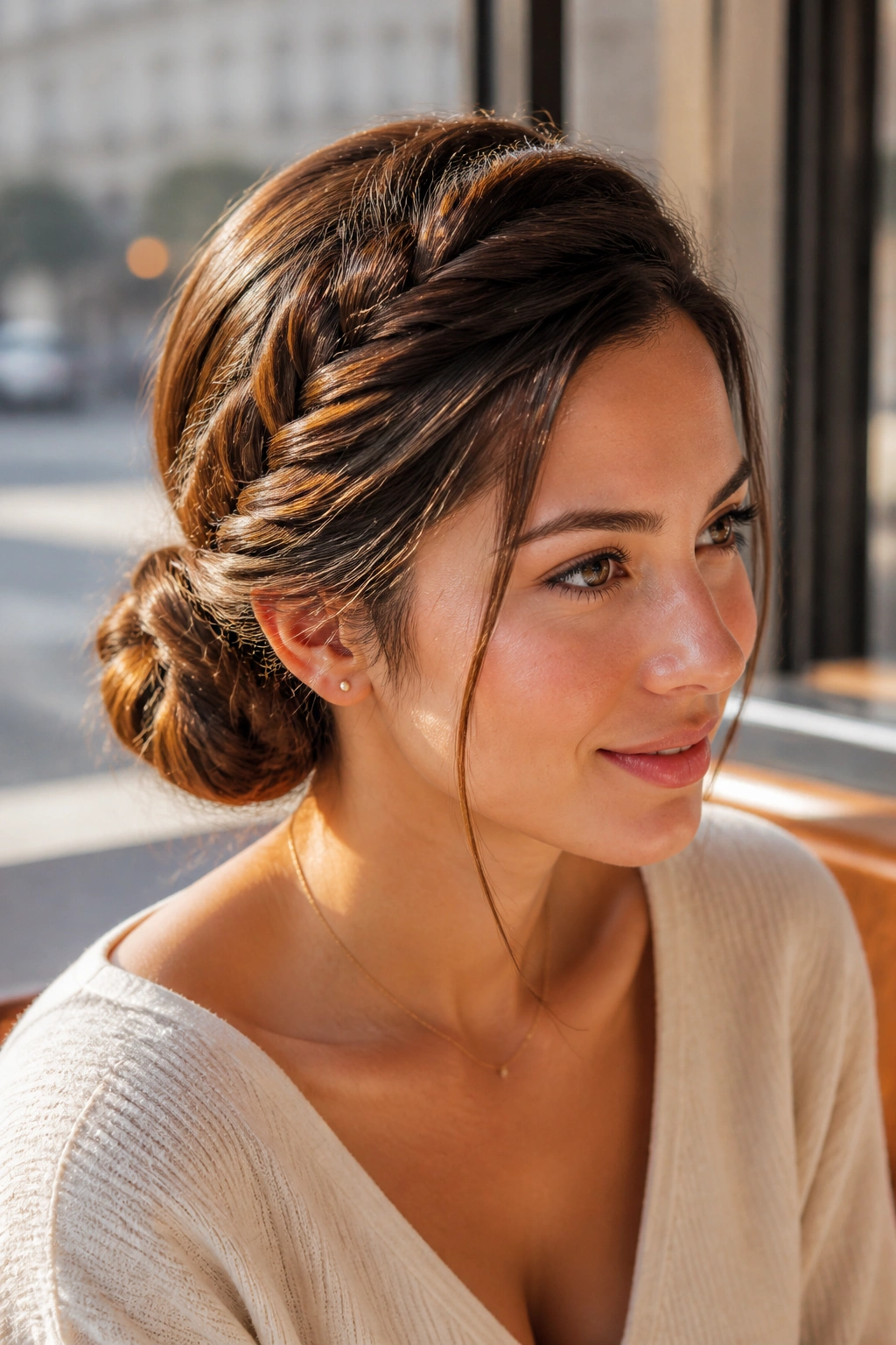 Portrait of a real woman with a side-swept fishtail bun