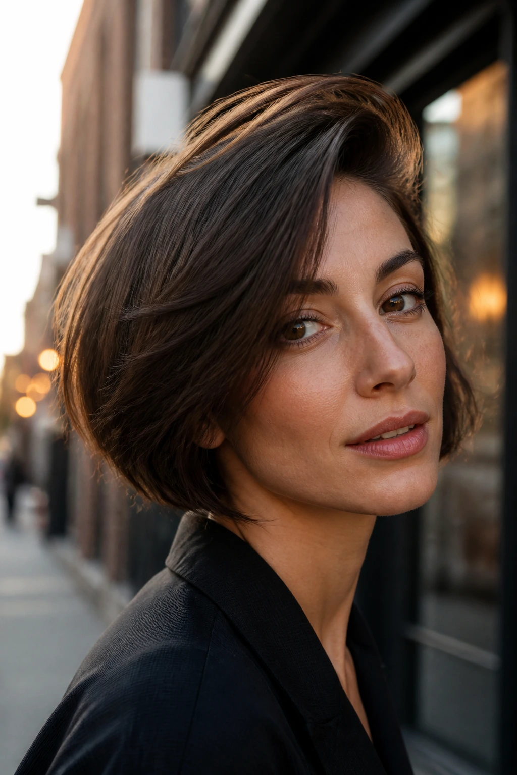 Portrait of a woman with a side-swept French bob and lifted front.