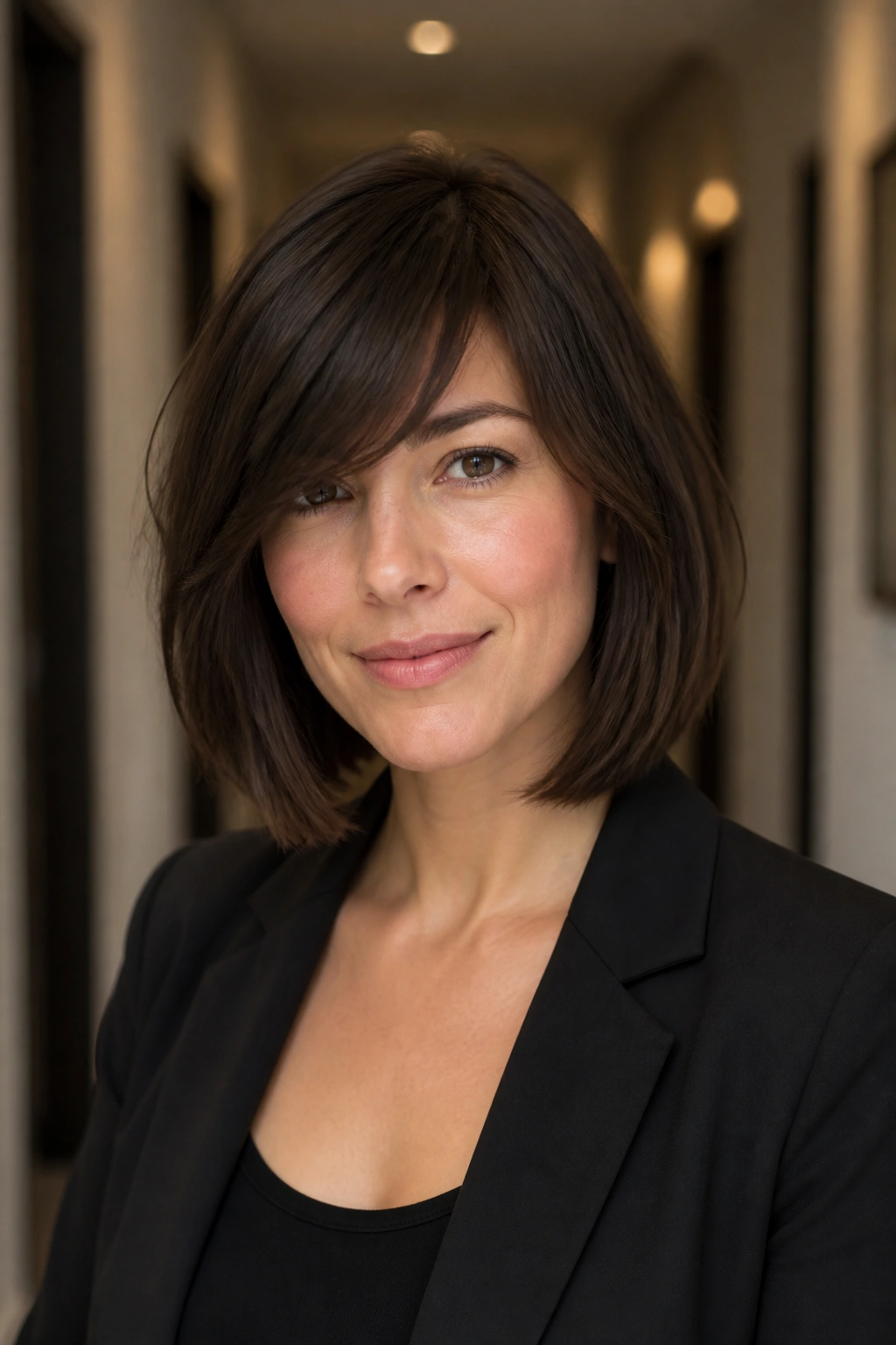 Real woman with side-swept long French bob wearing blazer in warm hallway light