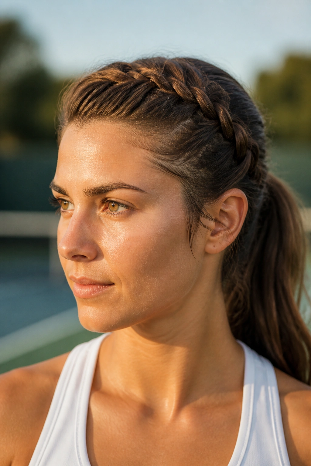 Close-up of a real woman with a side-swept French braid ponytail on a tennis court.
