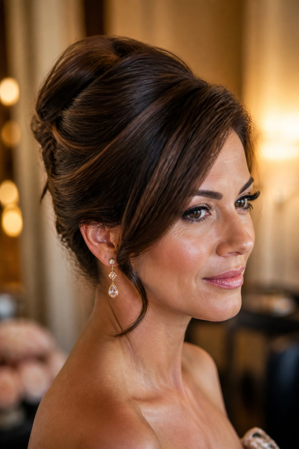 Close-up of a real woman with a side-swept French twist and soft ends, diagonal lift framing the face.