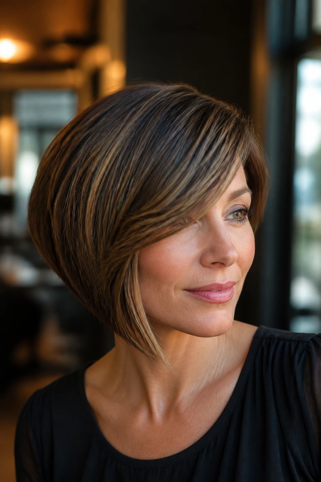 Close-up of a real woman with side-swept fringe and asymmetric bob in warm salon light