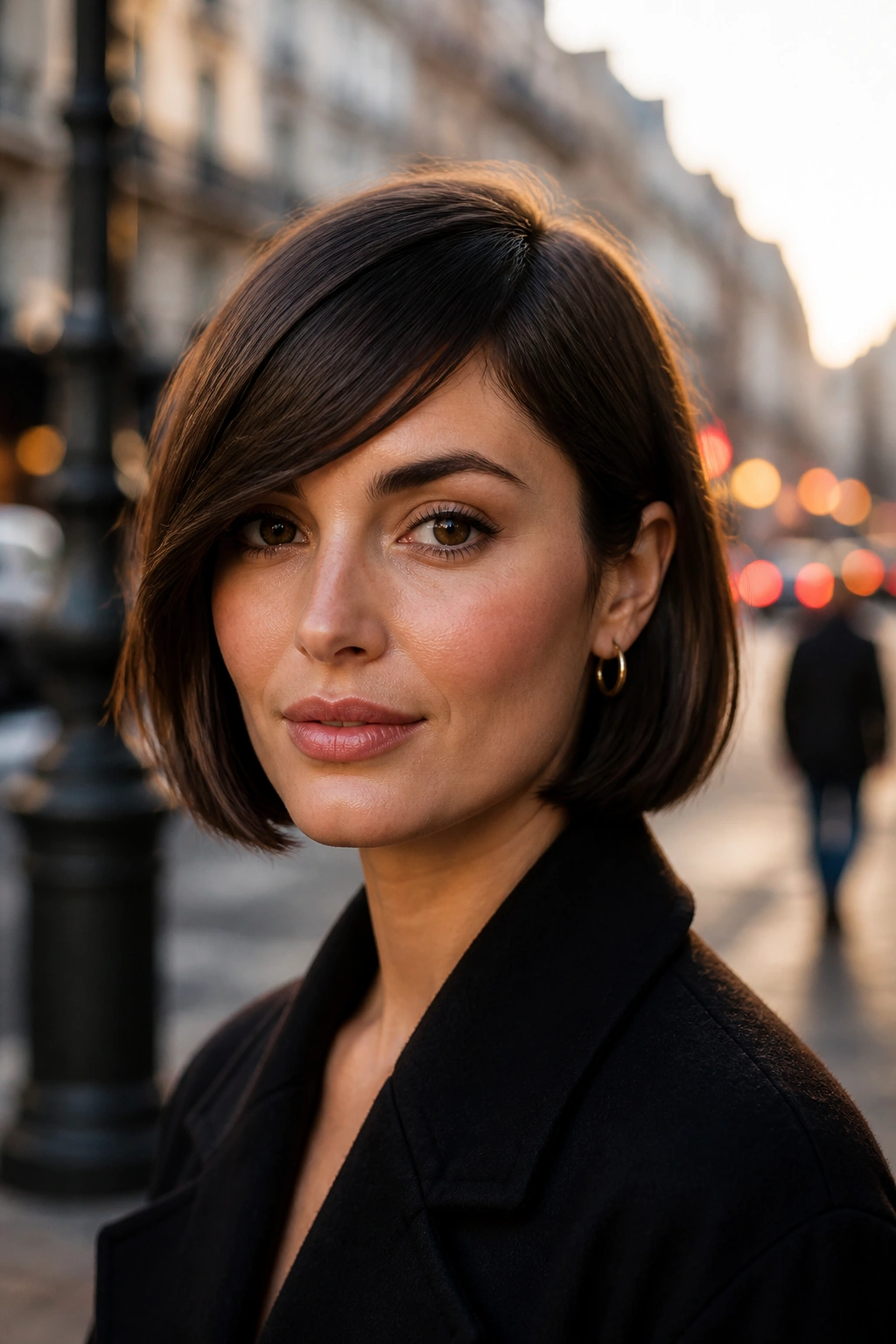 Close-up of a real woman with side-swept fringe French bob in golden hour light