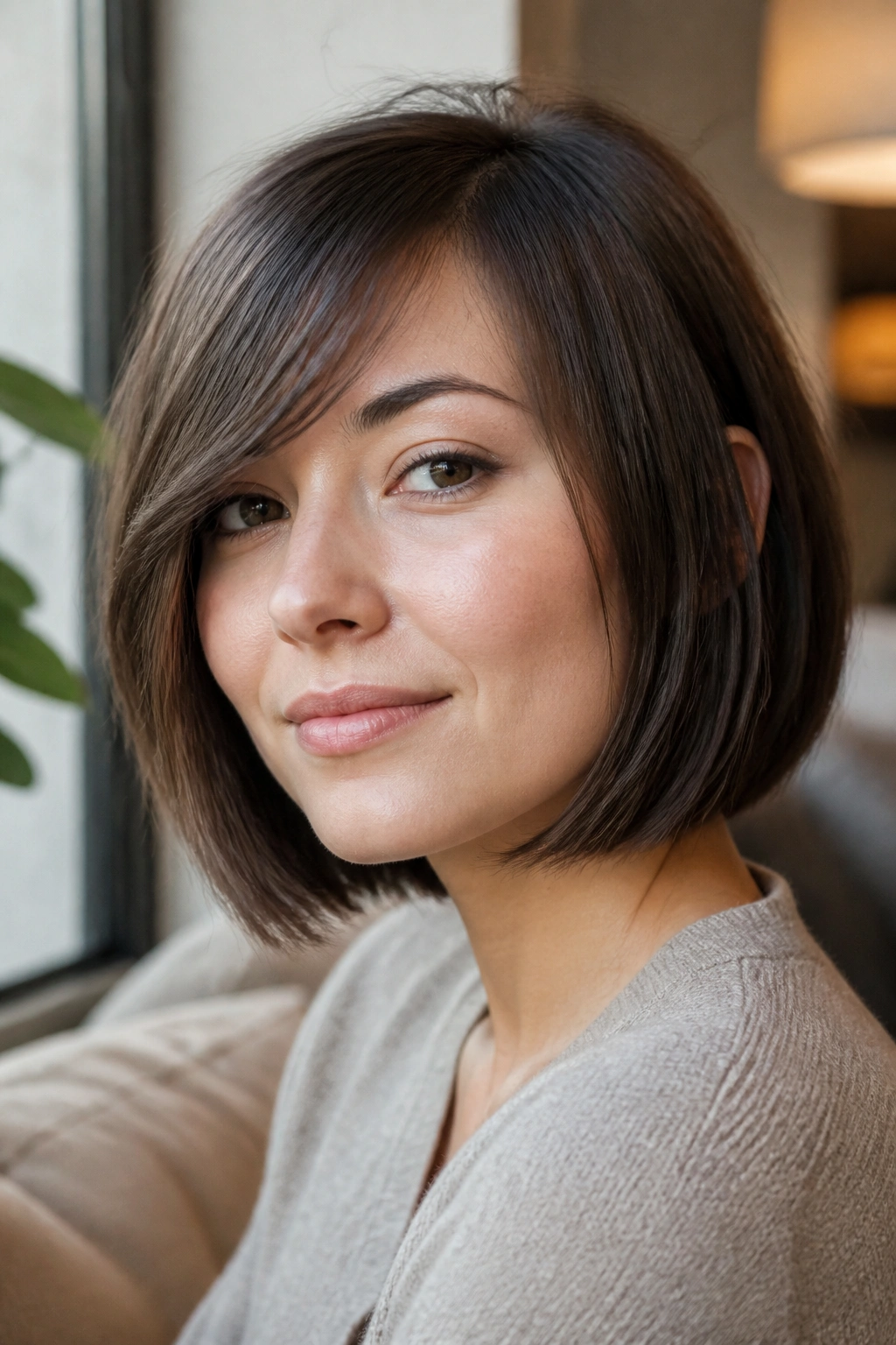 Close-up of a woman with side-swept fringe bob across one brow