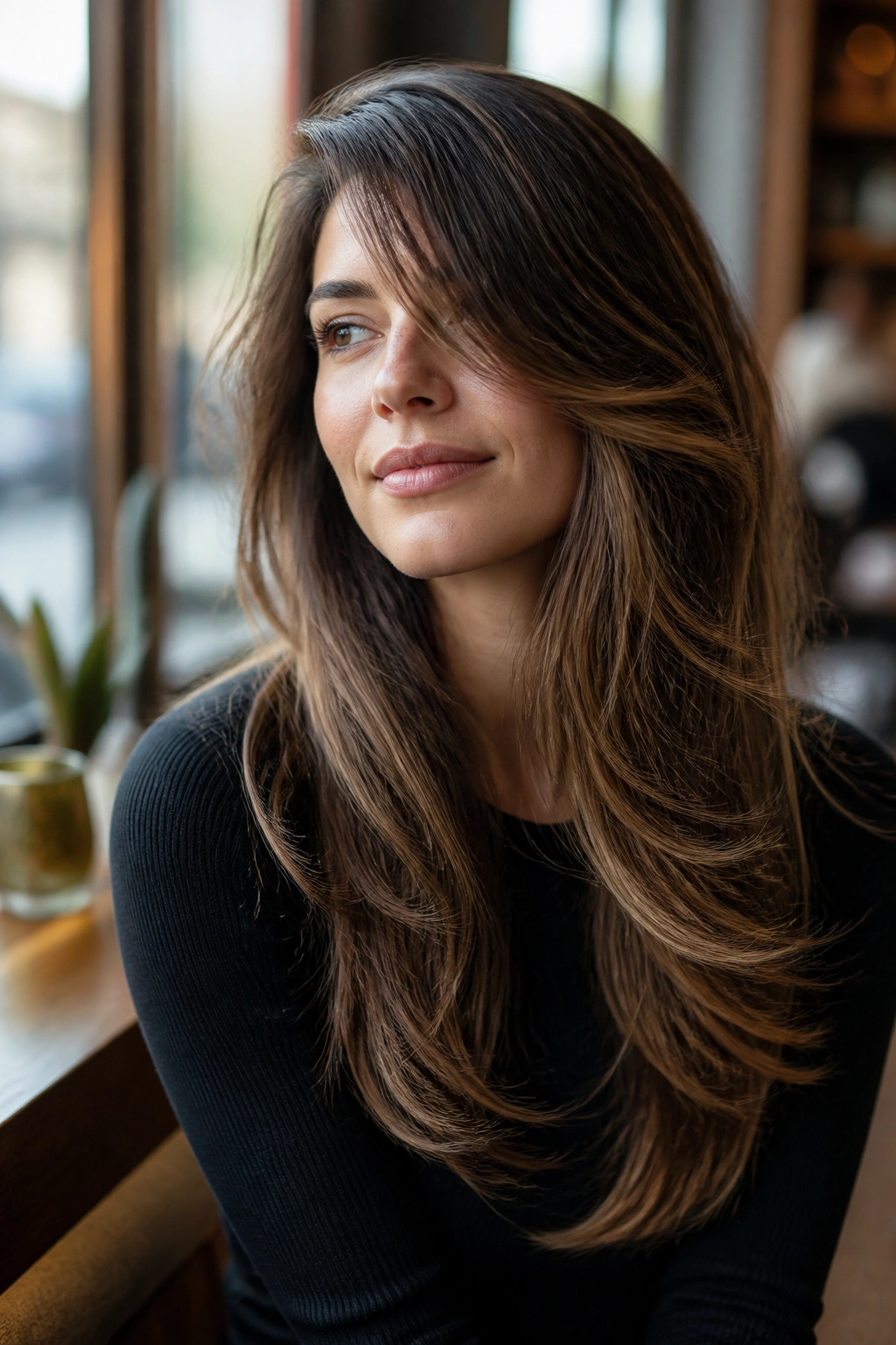 Close-up of a woman with a side-swept fringe and cascading layers.