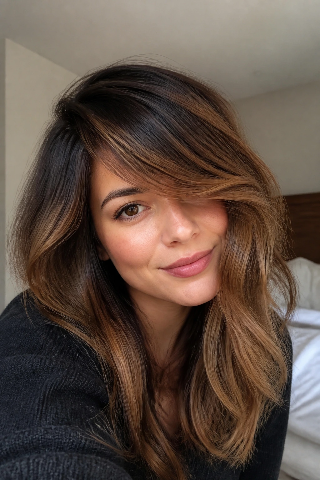 Close-up of a woman with side-swept fringe and chestnut balayage in natural window light
