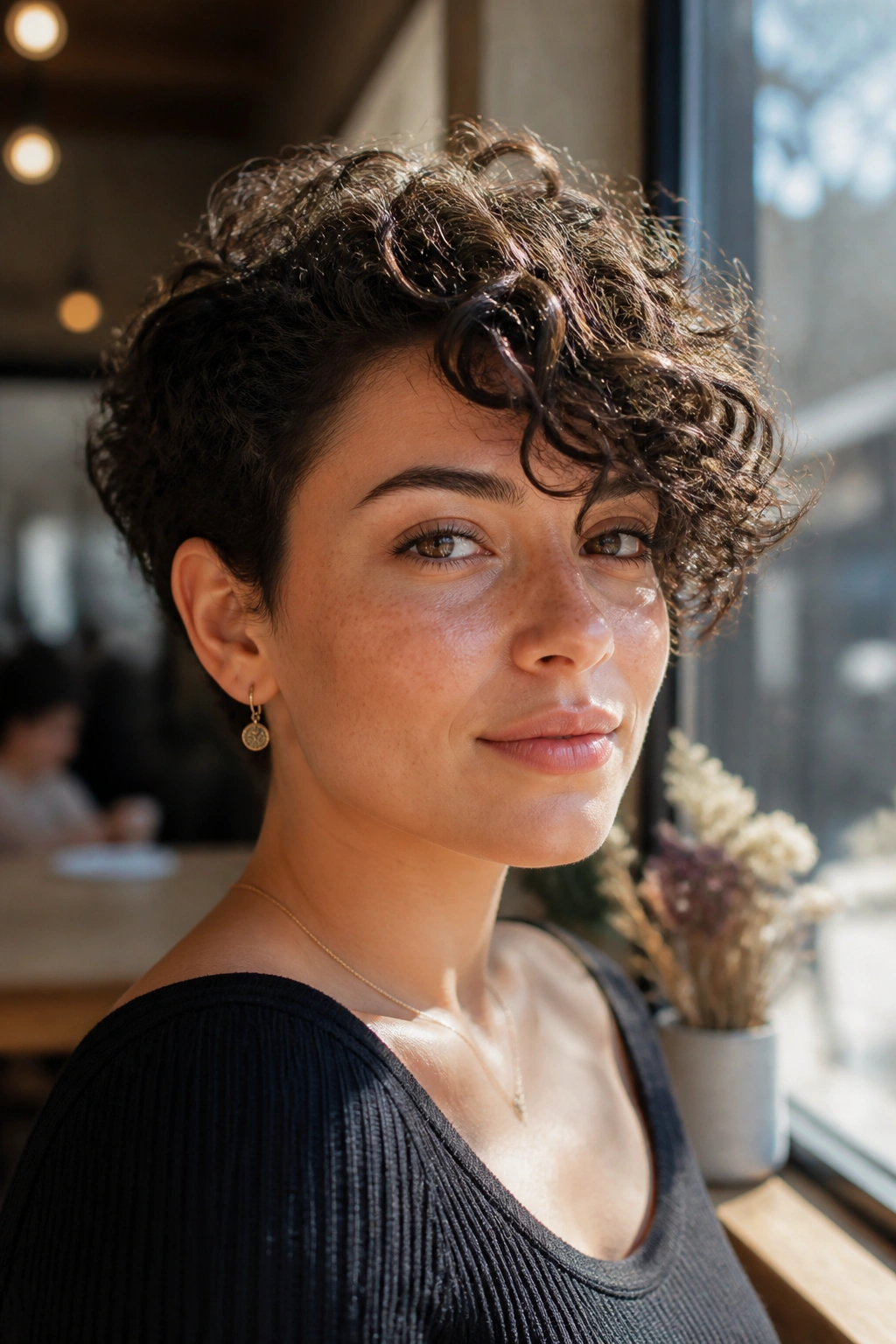 Close-up of a side-swept curly fringe on a short haircut.