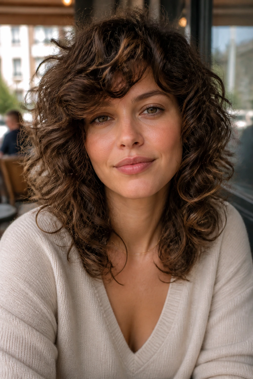 Close-up of real woman with side-swept fringe curly shag in cafe light.