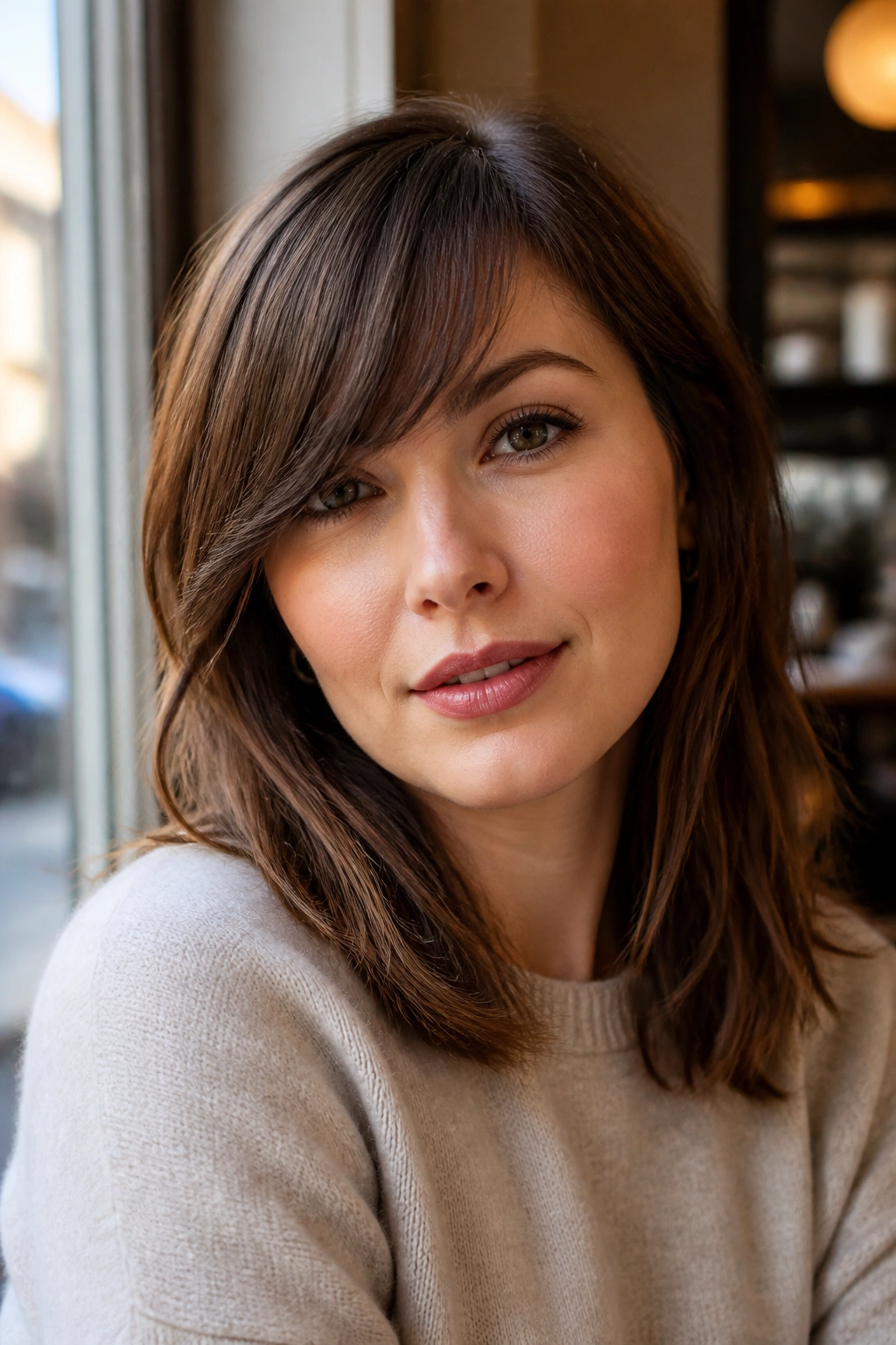 Real woman with side-swept fringe above one brow in cafe light