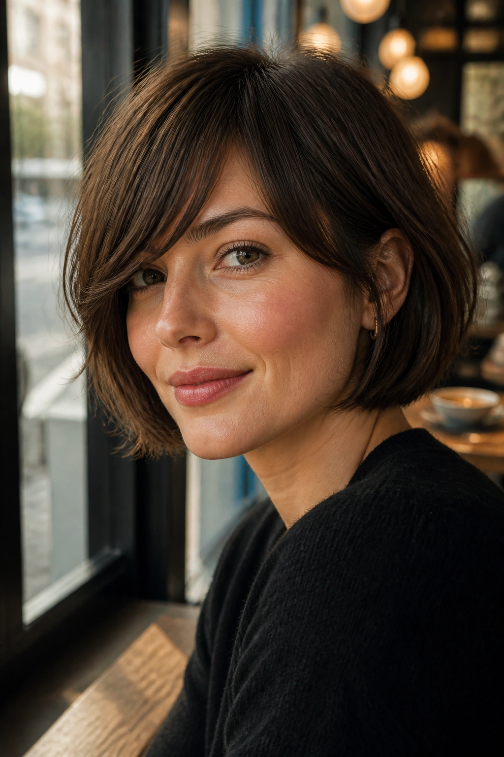 Portrait of a woman with side-swept fringe on a French bob in a sunlit cafe