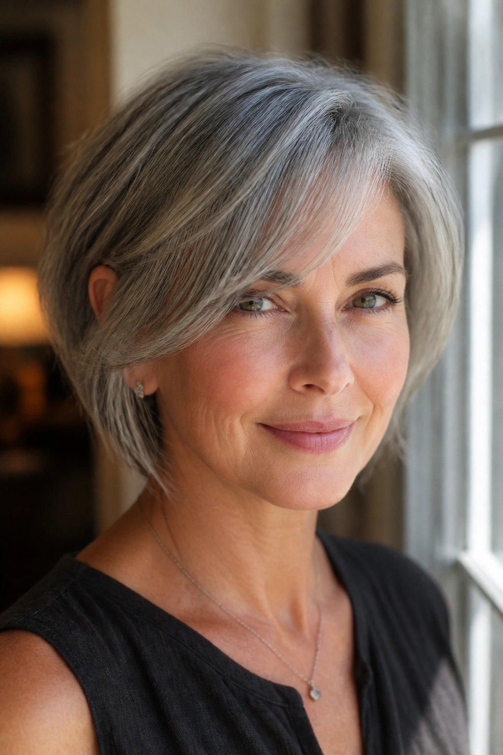 Close-up portrait with side-swept fringe softening the face
