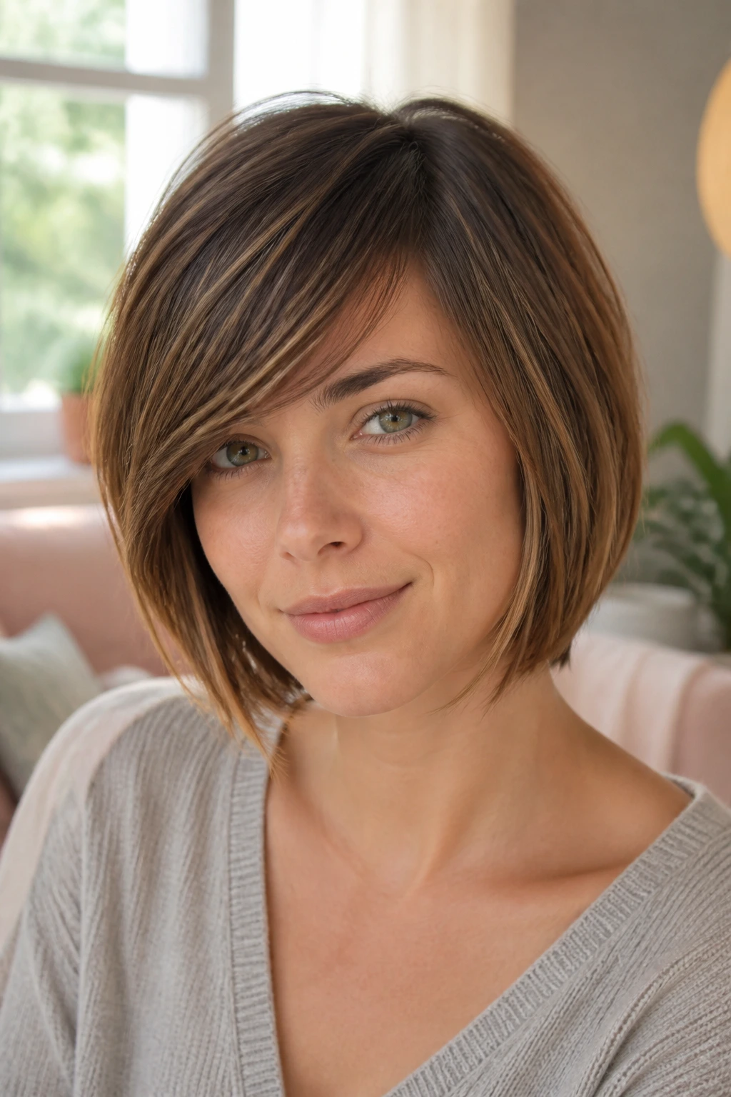 Close-up portrait of a real woman with a side-swept fringe layered bob in warm natural light.