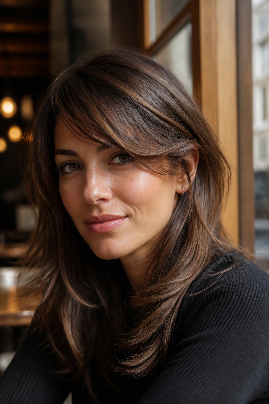 Portrait of a real person with a long side-swept fringe layering into textured hair