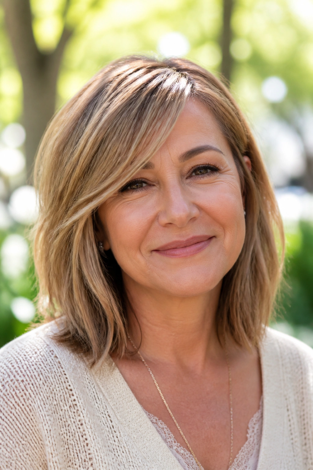 Close-up portrait of a real woman with a side-swept fringe lob