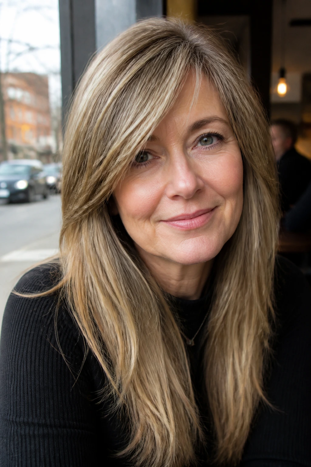 Woman with long side-swept fringe blending with long hair