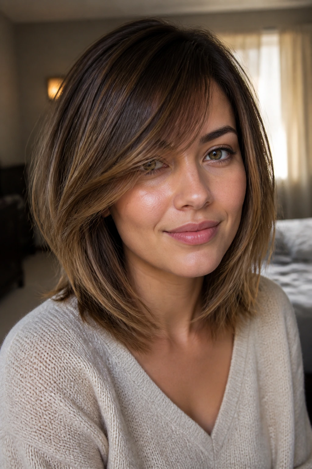 Close-up of a real woman with side-swept fringe and medium layers in natural window light