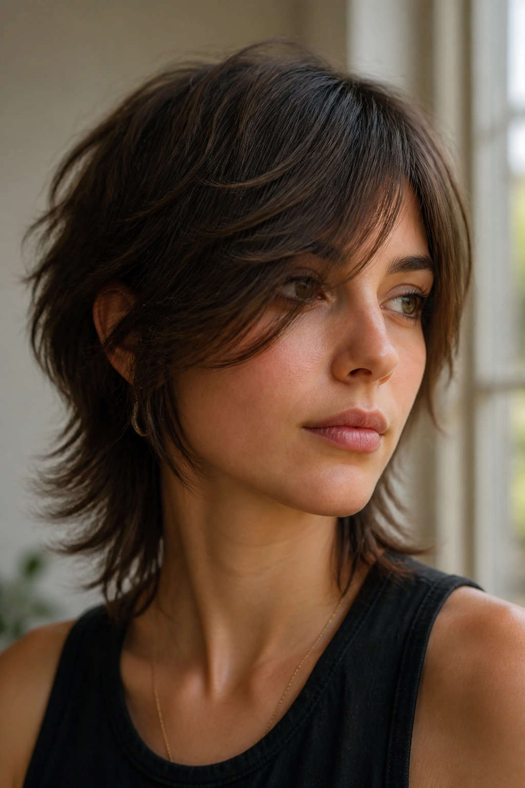 Portrait of real person with side-swept fringe blending into mullet, soft light