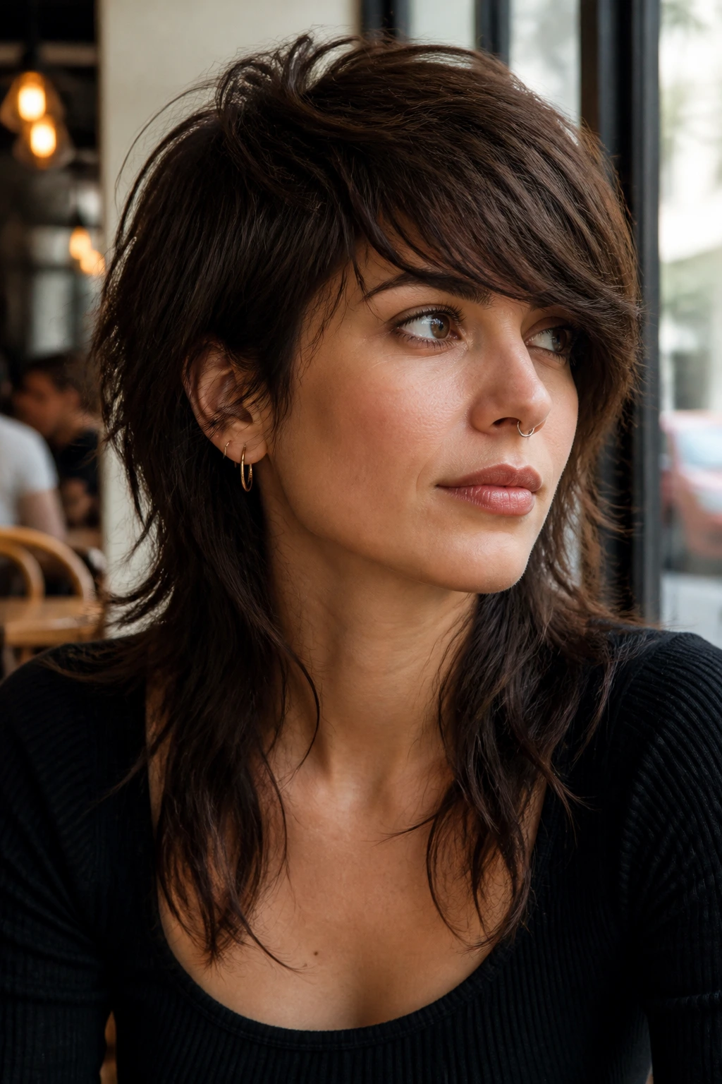 Close-up portrait of a real woman with a side-swept fringe mullet