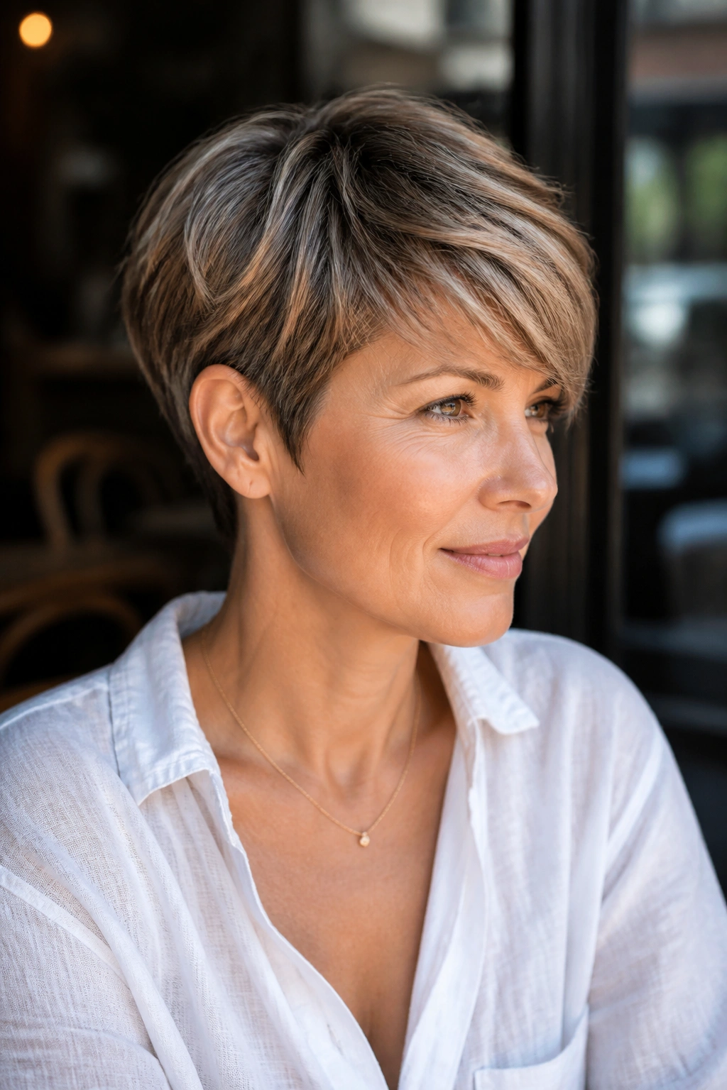 Close-up portrait of a woman with side-swept fringe pixie in sunny outdoor cafe setting