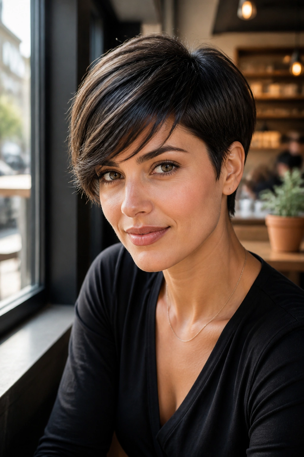 Real person with side-swept fringe pixie softening the forehead in cafe daylight