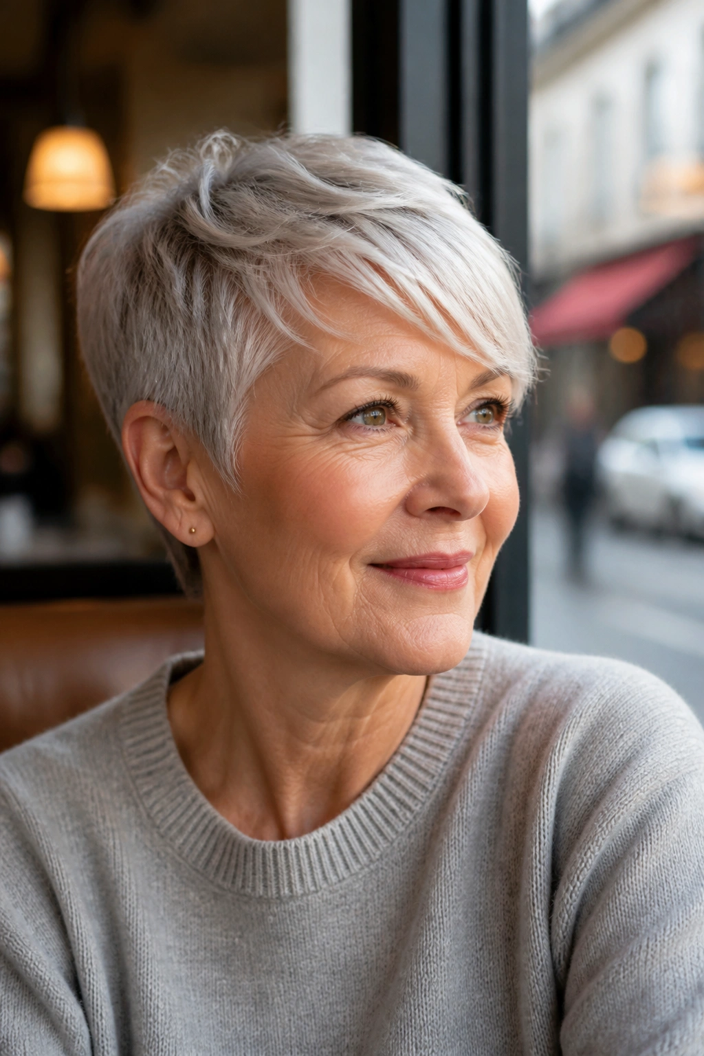 Portrait of a woman with a side-swept fringe pixie in natural cafe lighting.