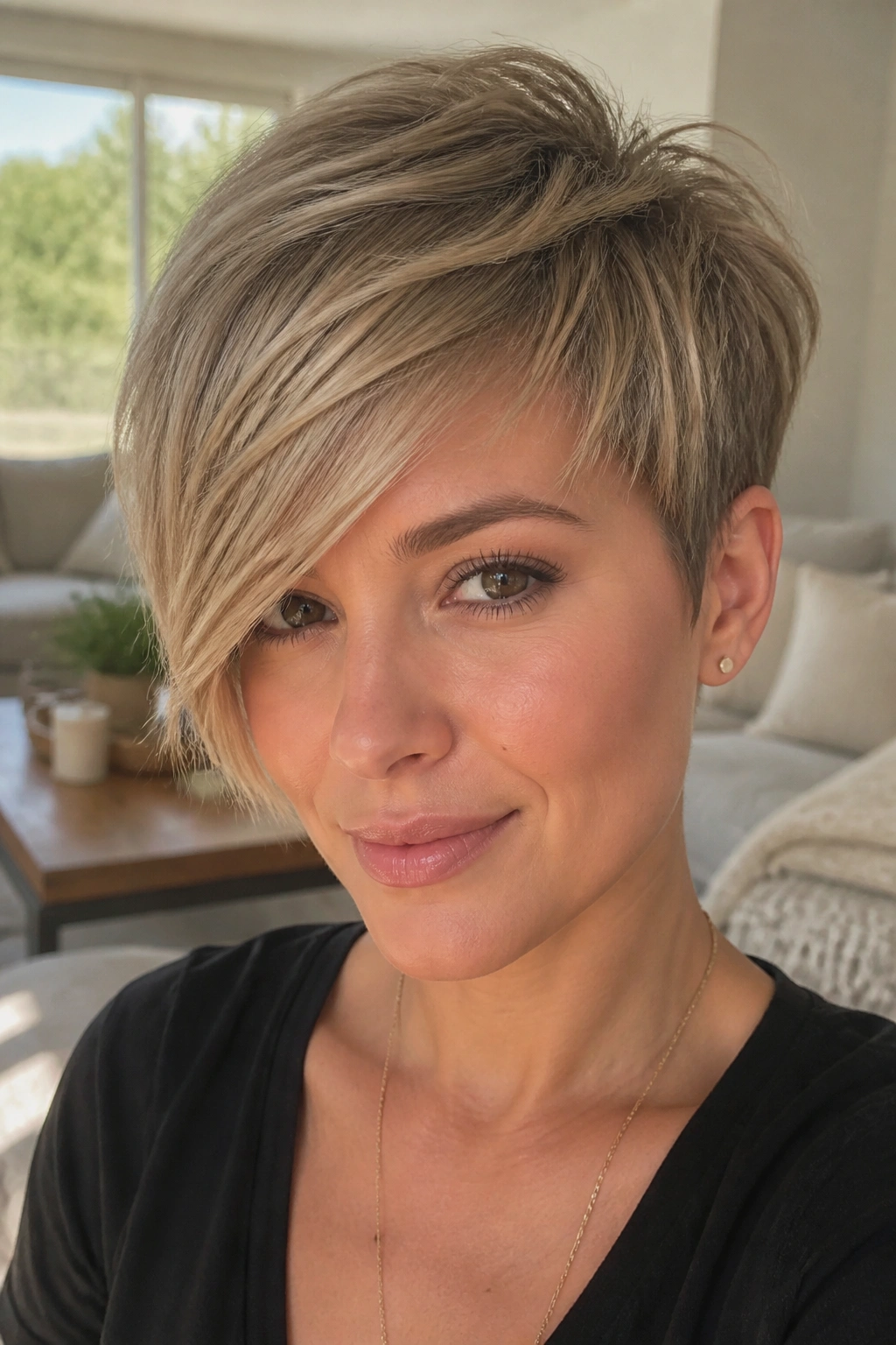 Close-up of a real woman with side-swept fringe pixie showing diagonal fringe