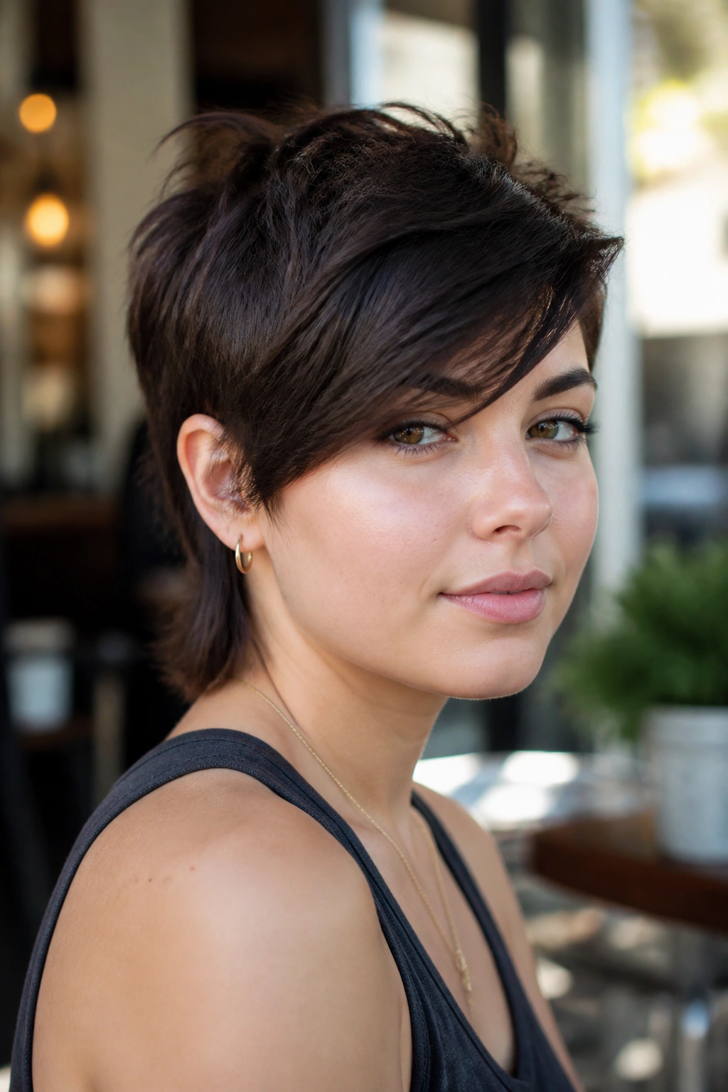 Portrait of a real woman with side-swept fringe pixie mullet in a sunlit cafe setting