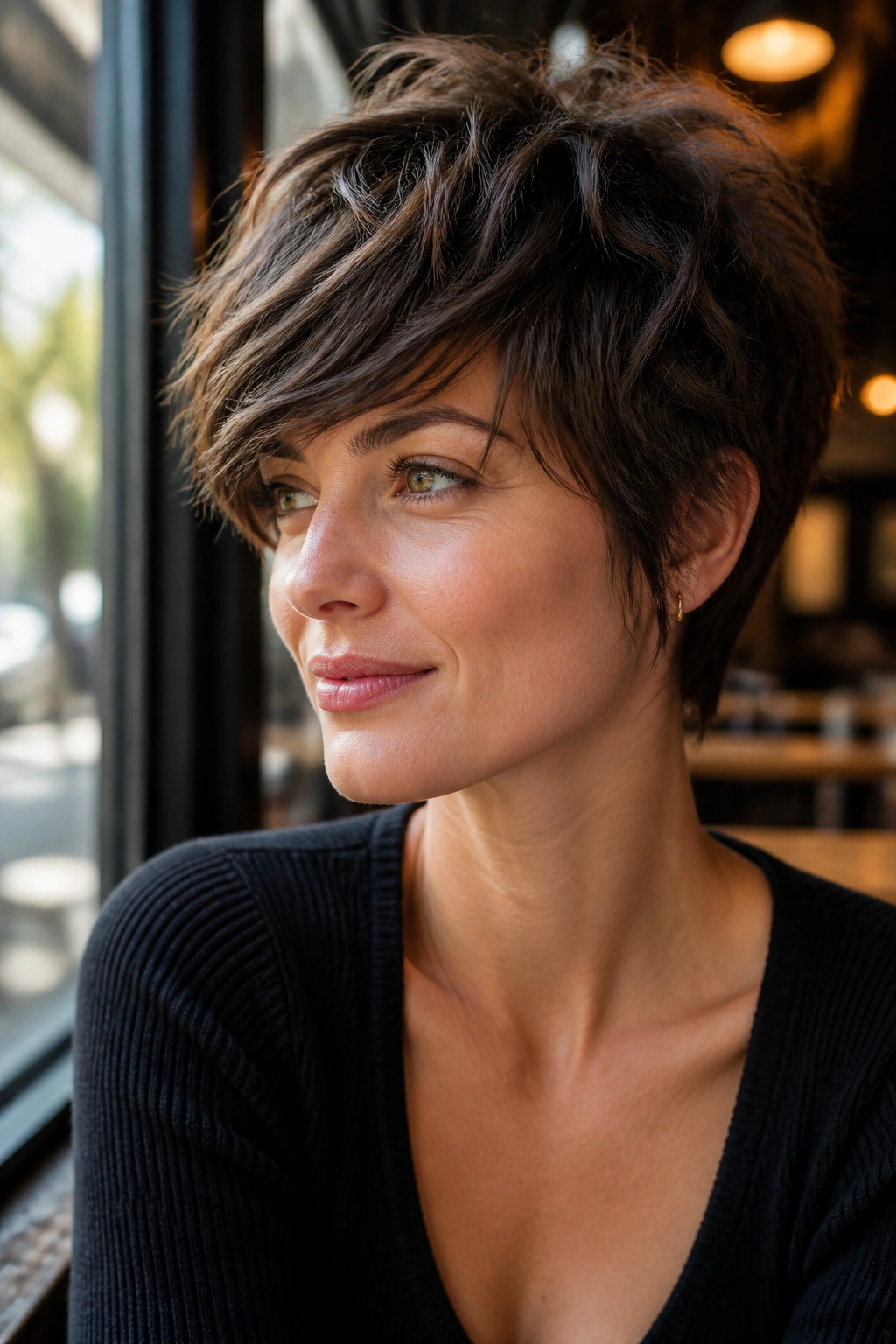 Portrait of a real woman with side-swept fringe wolf pixie in a warm cafe setting.