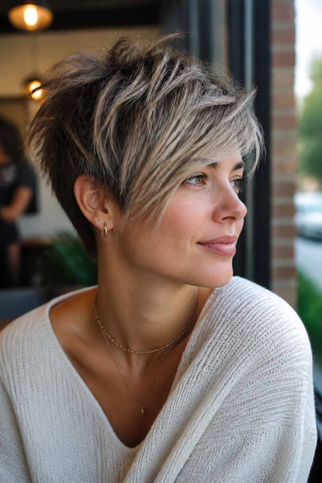 Portrait of a woman with side-swept fringe wolf pixie showing diagonal fringe