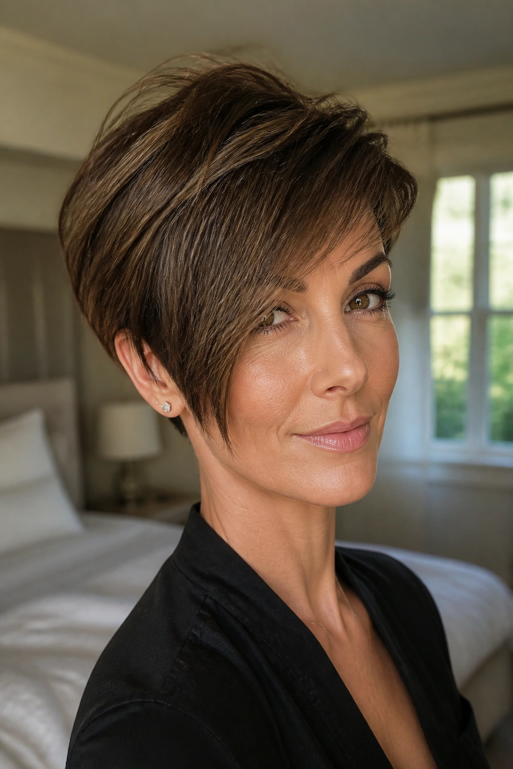 Real woman with side-swept long fringe portrait