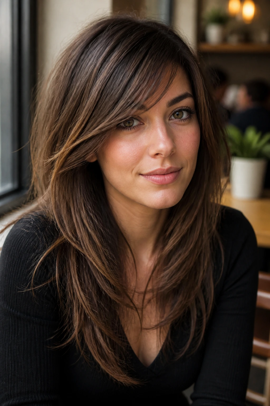 Close-up of a woman with side-swept fringe and long layers in cafe daylight