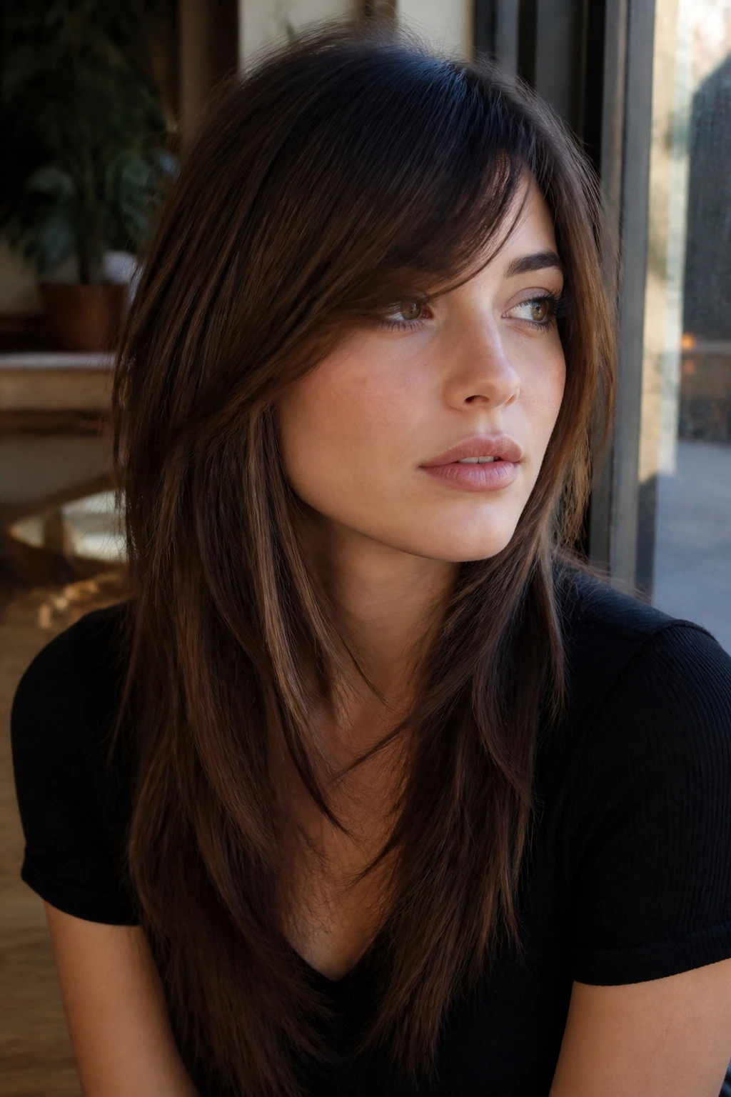 Close-up portrait of a real person with a side-swept fringe and long soft layers.