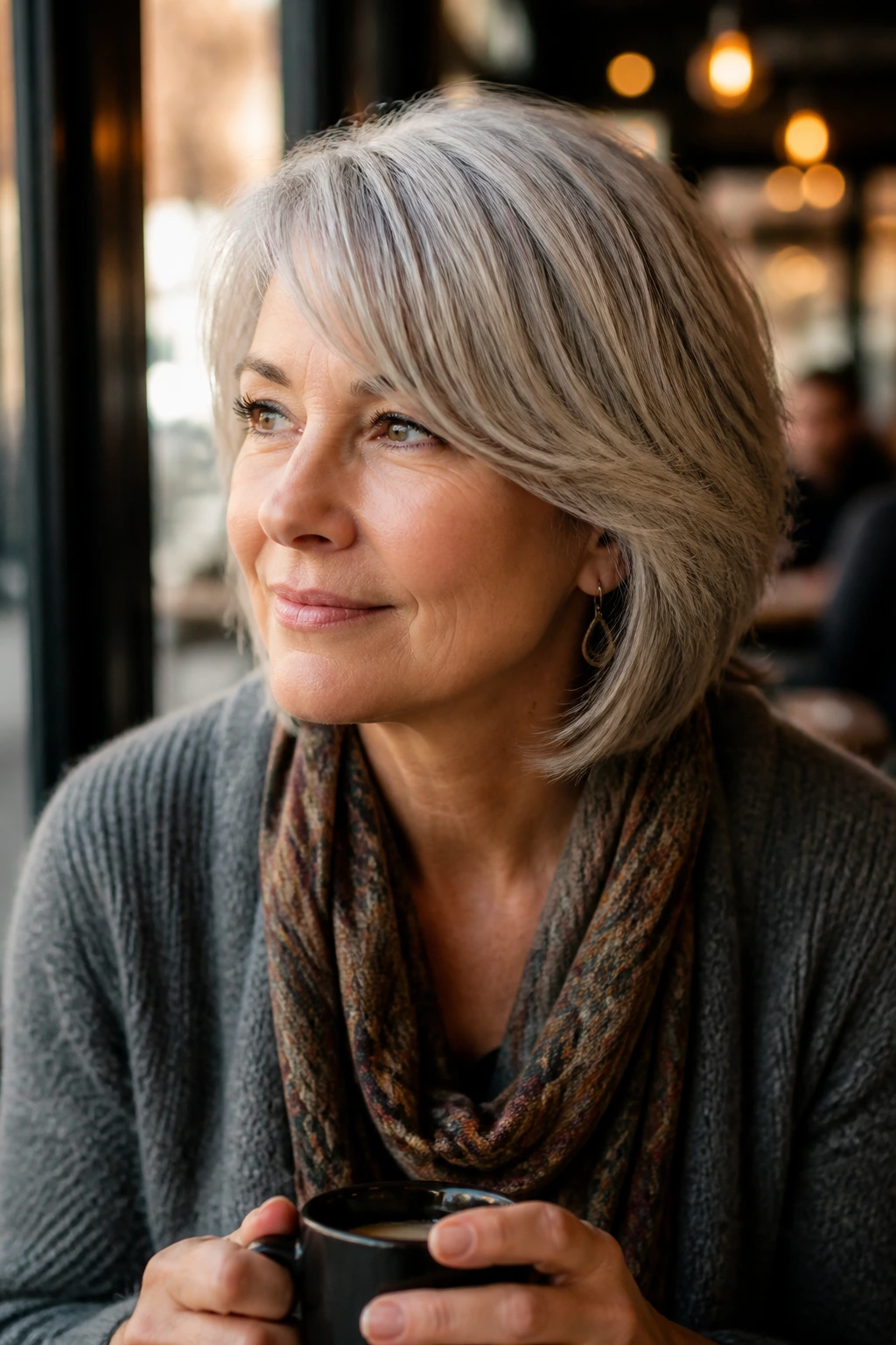 Close-up portrait of a real woman with a side-swept fringe on gray hair in a cafe setting.