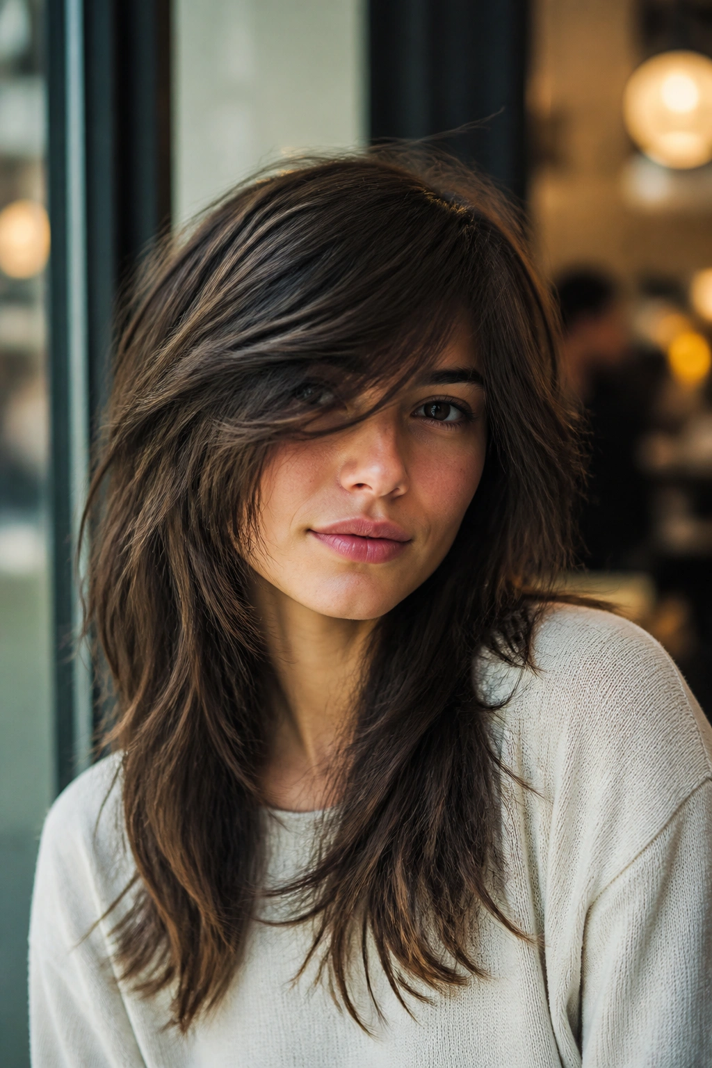Portrait of a real woman with side-swept fringe in a long shag