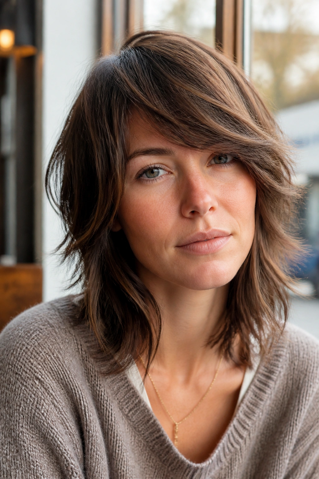 Close-up portrait of a real woman with side-swept fringe shag in a cafe window light