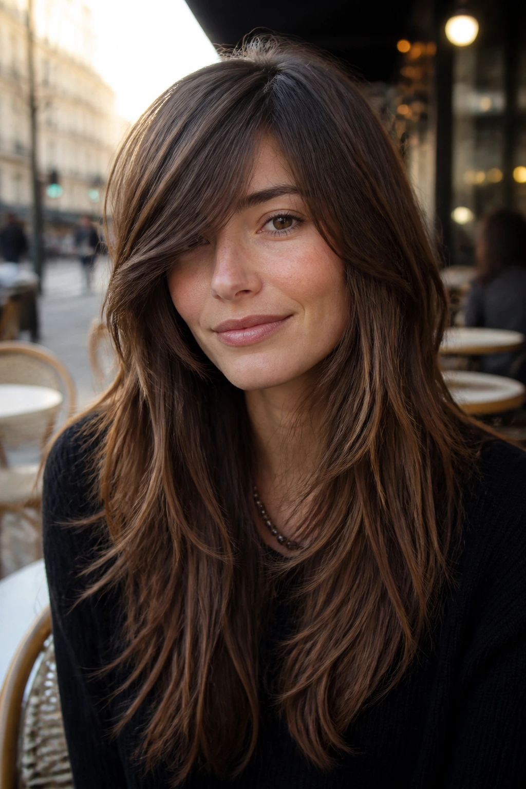 Close-up of a real woman with side-swept fringe shag in daylight