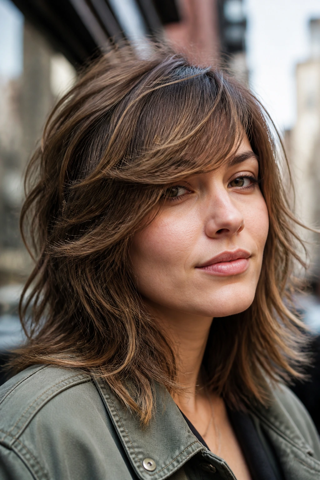 Real person with side-swept fringe shag framing the face