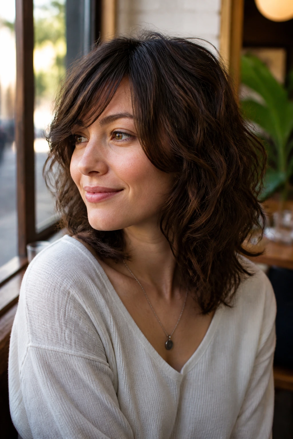 Portrait of a real person with a side-swept fringe shag perm in a cafe window setting