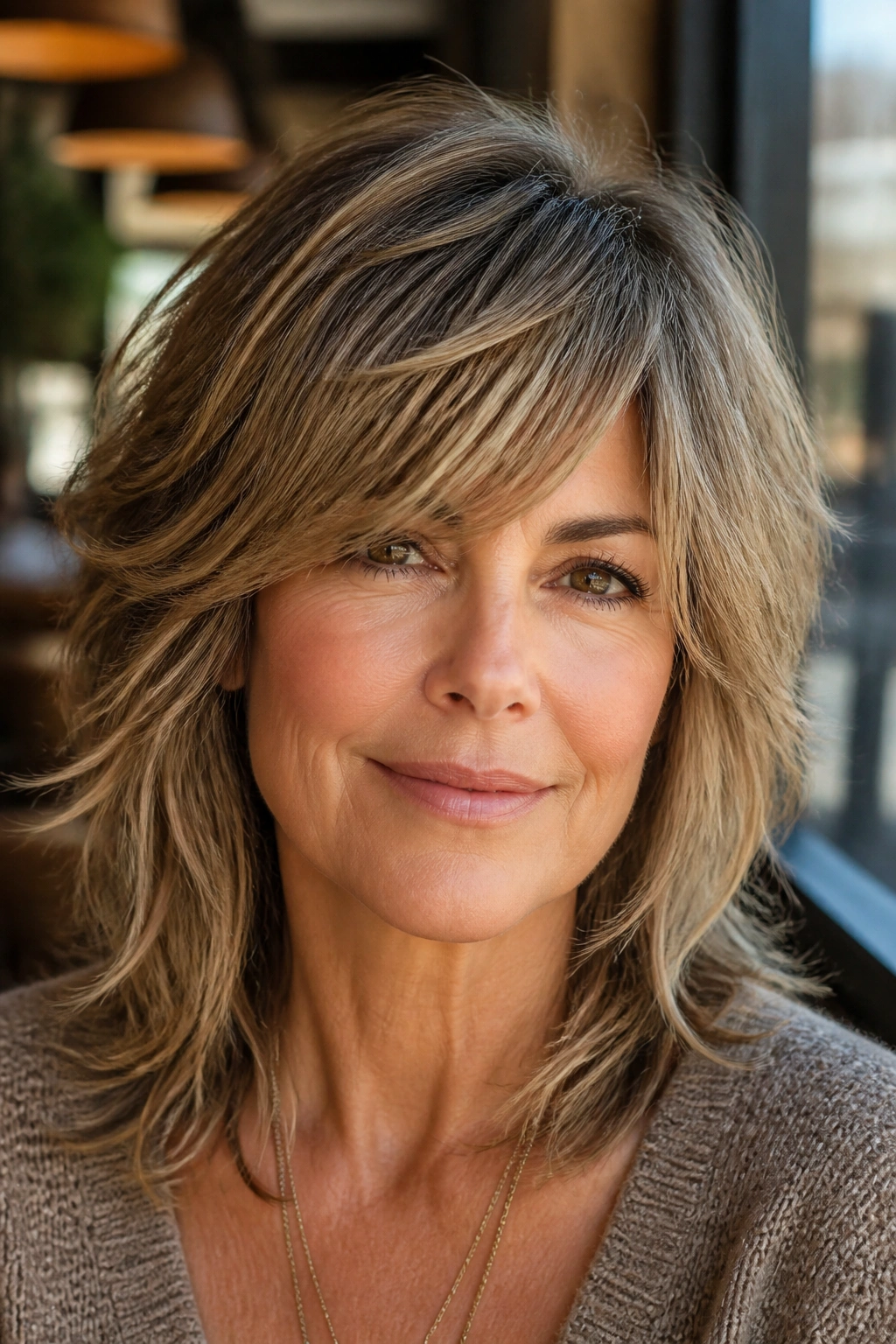 Close-up portrait of a real woman with side-swept fringe shag