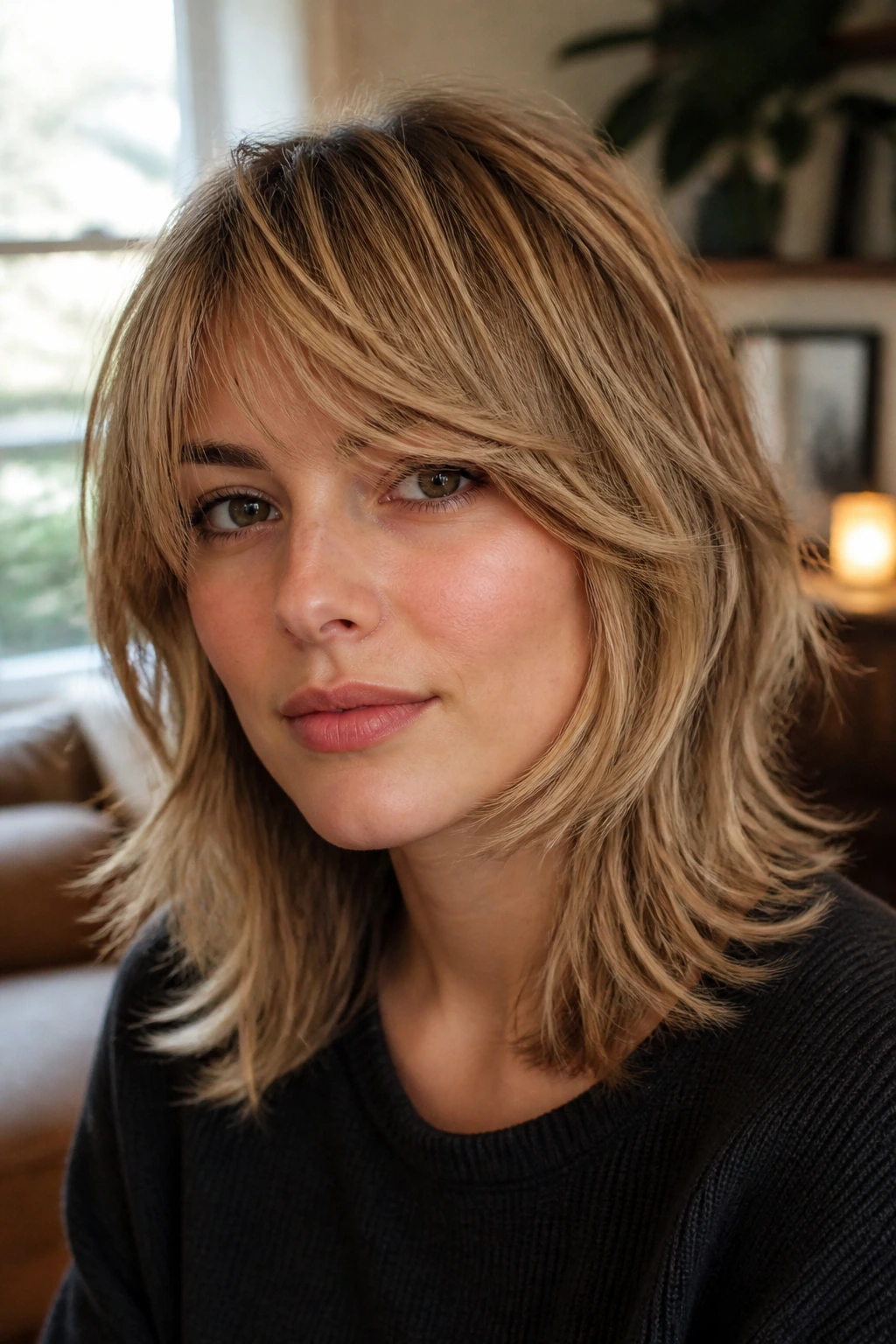 Close-up portrait of a real person with a side-swept fringe shag