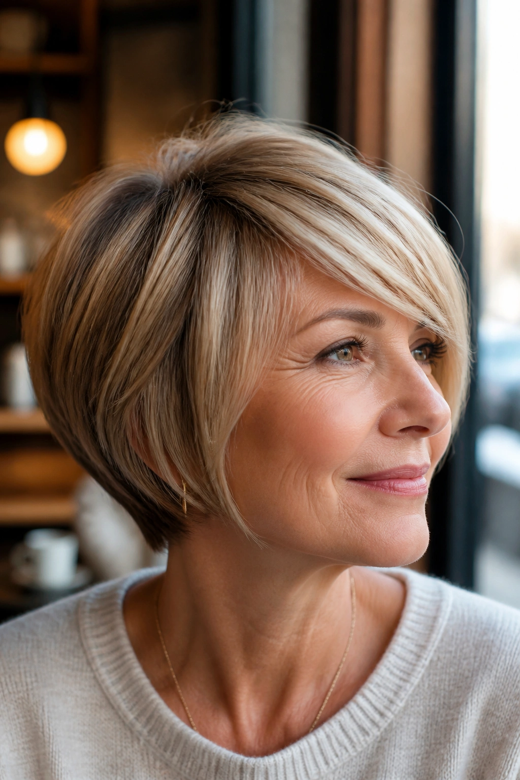 Close-up of a real woman with a side-swept fringe stacked bob in warm window light