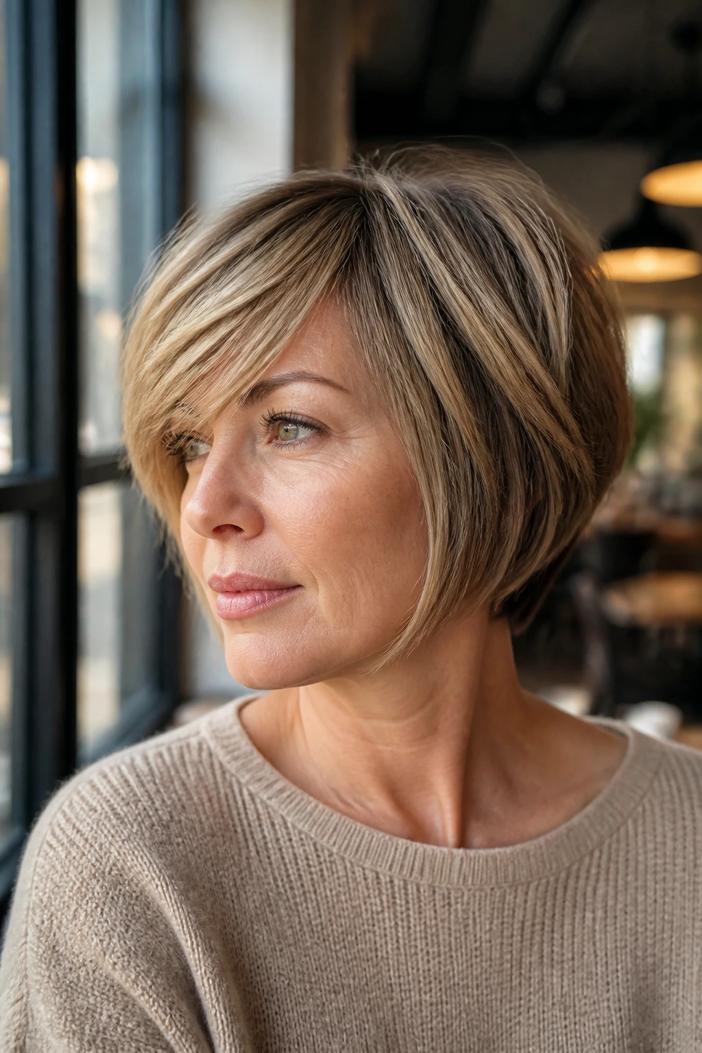 Close-up of a real woman showing side-swept fringe and stacked bob frame