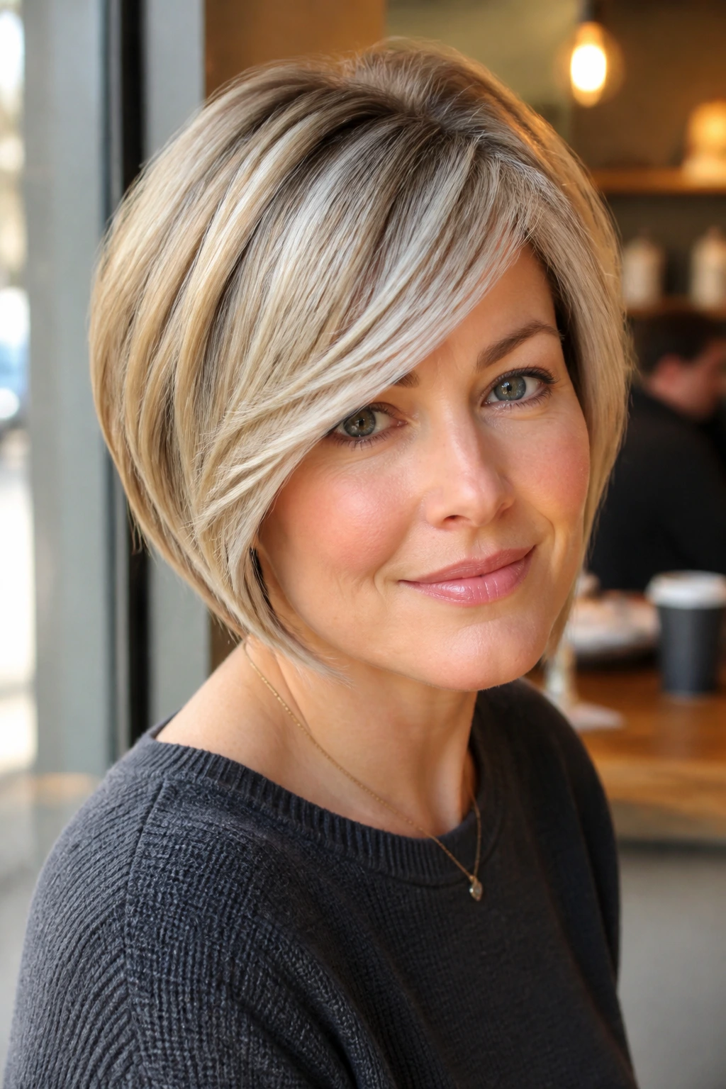 Close-up of a woman with side-swept fringe in a stacked bob at a cafe window