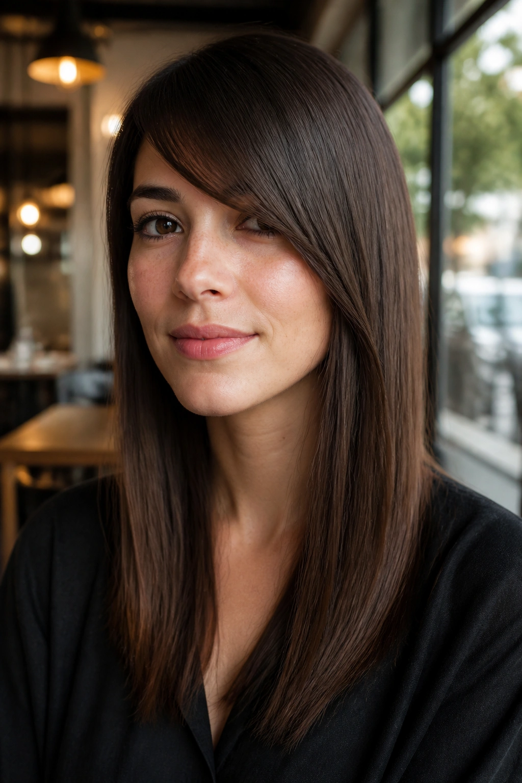 Portrait of a real woman with a side-swept fringe on straight hair