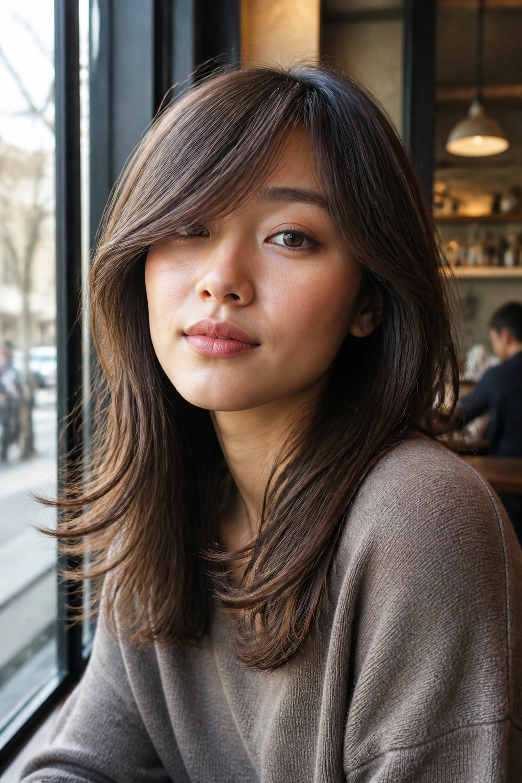 Close-up of a real person with side-swept fringe and swingy hem hairstyle