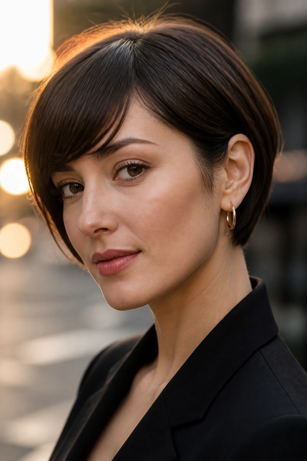 Close-up portrait of a real woman with side-swept fringe and tucked bob.