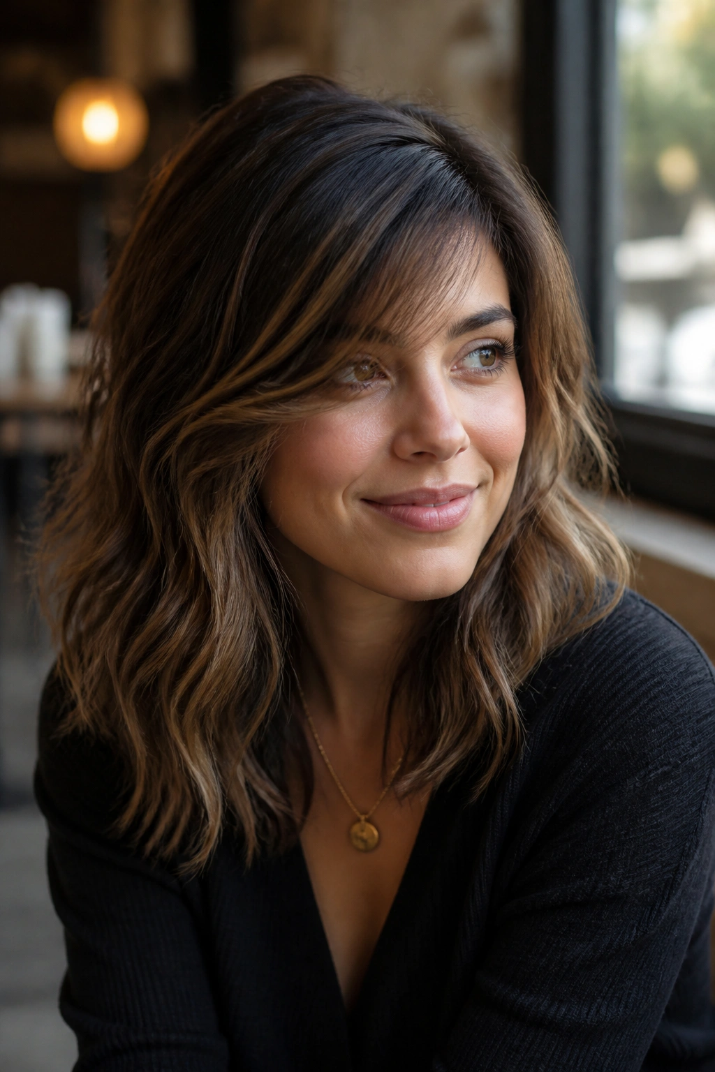 Portrait of a real person with side-swept fringe and loose waves
