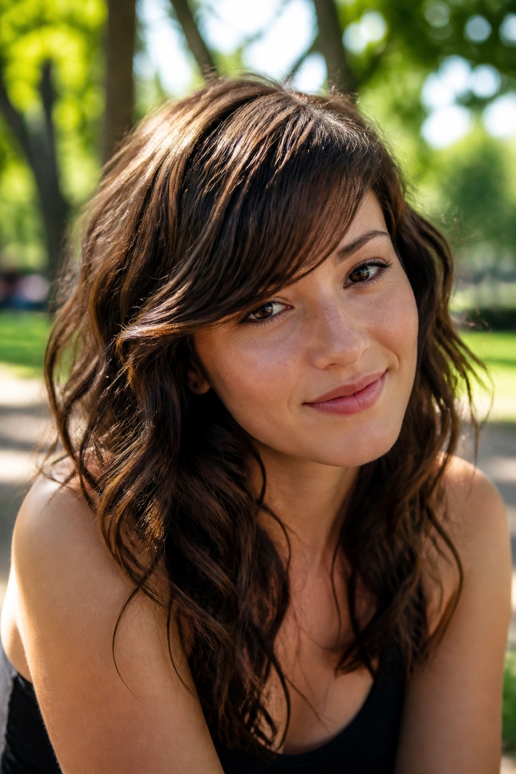 Close-up of a real woman with side-swept fringe on wavy hair outdoors.